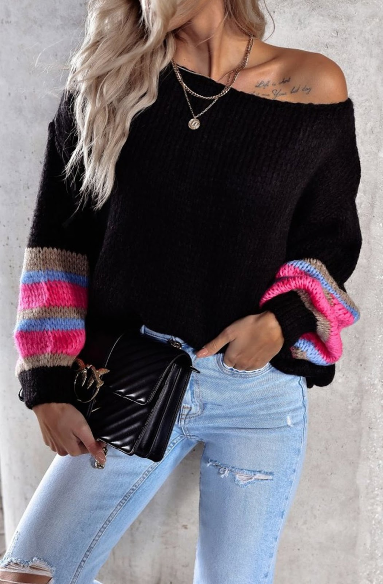 Terrie Striped Sleeve Knitted Jumper Sweater Top-Black